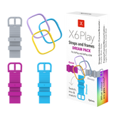 Xplora X6Play Dream tilbehørspakke – tre farverige remme i mørkelilla, blå og grå og tre matchende stel i lyselilla, gul og blå. Skab din unikke stil og skift hurtigt uden værktøj.
