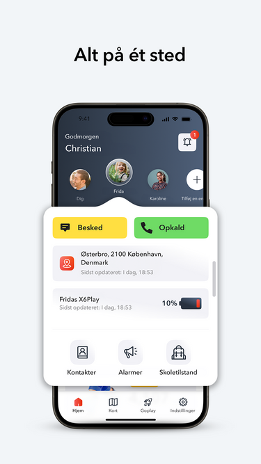 Startsiden på Xplora Guardian App med oversigt over smartwatch skoletilstand alarmer og urets kontakter.