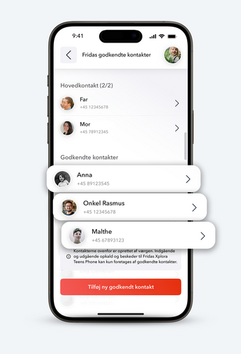 Oversigt over Fridas smartwatch kontakter og hvilket godkendte kontakter der er tilkoblet uret via forældrene.
