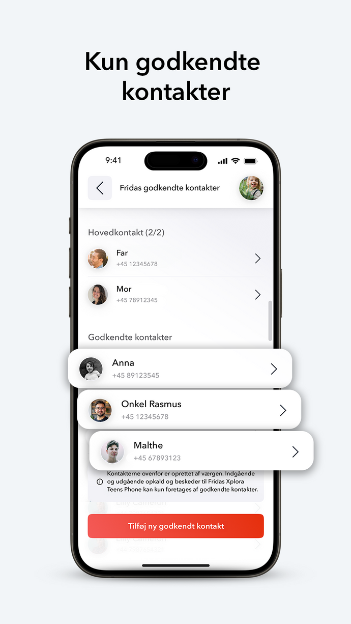 Forældre godkendte kontakter for Fridas Xplora smartwatch til børn - med 2 hoved kontakter og op til 50 øvrige kontakter.