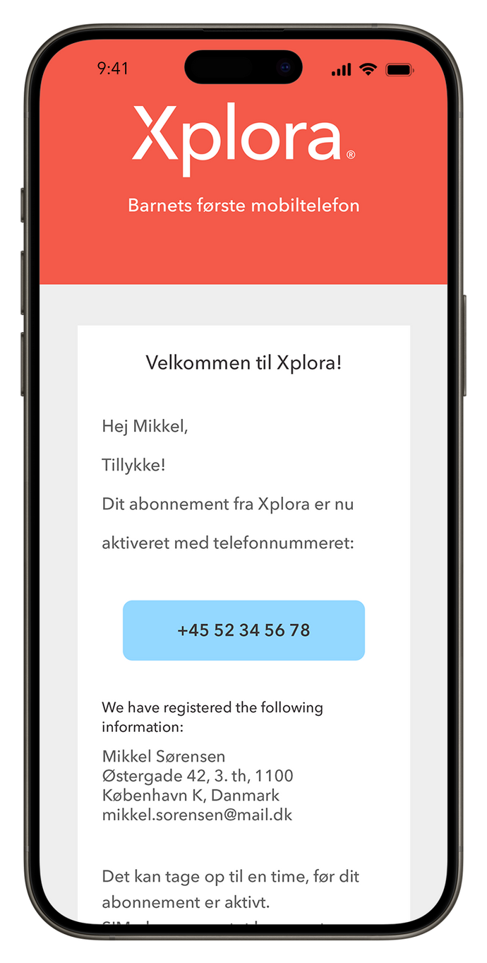 Aktiverings mail fra Xplora med oversigt over bekræftelse