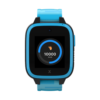 Frontsiden af XGO3 smartwatch i blå med mange skridt for dagen. Smartwatch til børn med aktivitetsplatform