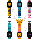 Farverige urremme med jungledyrtemaer – tiger, påfugl, leopard, dinosaur, giraf og sommerfugl. Perfekt til børns smartwatches.