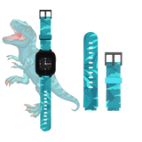 Nærbillede af turkis dinosaurmønstret urrem, holdbart og cool smartwatch-tilbehør.