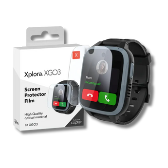 Emballage med Xplora XGO3 skærmbeskytter og et XGO3 ur, der viser, hvordan man påfører beskyttelsesfilmen.