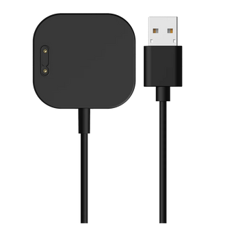 Sort magnetisk oplader med USB-stik til Xplora X6 Play. Viser opladningspad'en med to guldstik og et USB-A-stik for nem tilslutning.