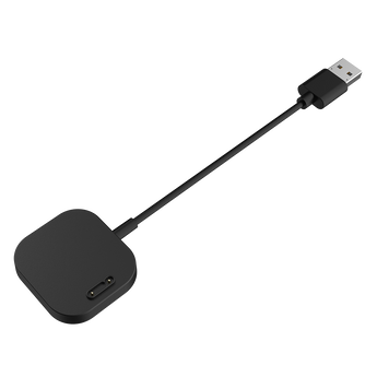 Sort Xplora X6 oplader med magnetisk stik og USB-kabel. Designet til nem opladning af X6 Play og X6 Pro.