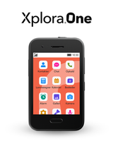 Xplora One-telefon set forfra på hvid baggrund med appikoner på skærmen.
