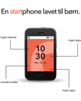 Xplora One-telefon på hvid baggrund med markeringer: ingen internet, ingen sociale medier, ingen apps og ingen algoritmer.