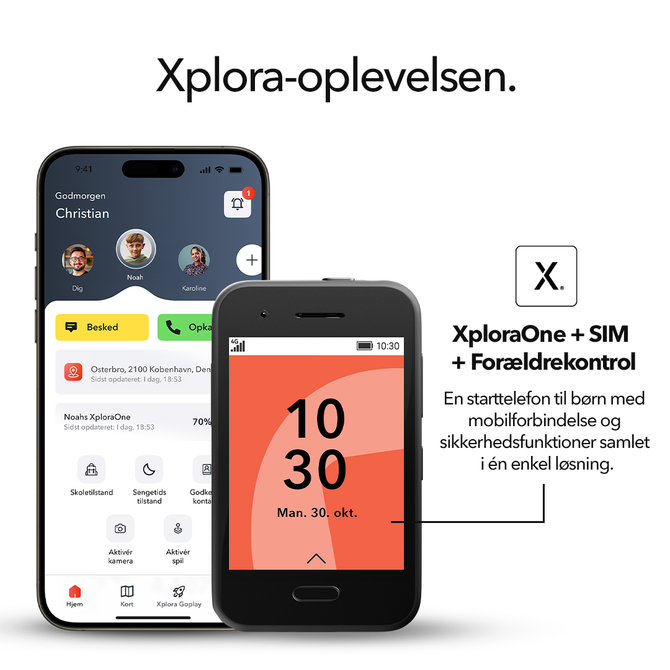 Xplora One-telefon ved siden af Xplora Guardian-appen på hvid baggrund; komplet løsning med telefon, SIM og forældrekontrol.