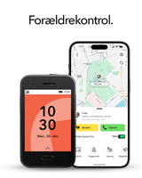 Xplora One-telefon og kortvisning i Xplora Guardian-appen på hvid baggrund; administreret af forældre.