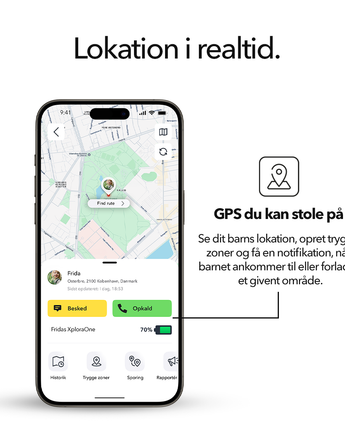 Kortvisning i Xplora Guardian-appen på hvid baggrund; lokation i realtid og GPS du kan stole på.