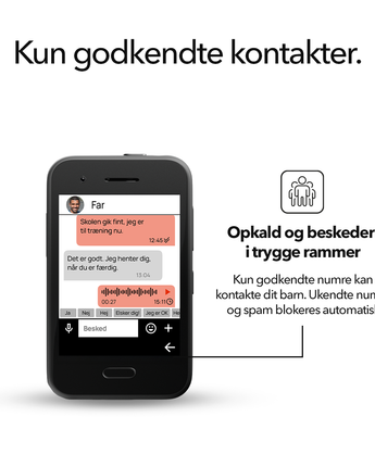 Beskedvisning på Xplora One-telefon på hvid baggrund; kun godkendte kontakter samt opkald og beskeder i trygge rammer.