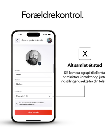 Skærmbillede af Xplora Guardian-appen på hvid baggrund; forældrekontrol til at administrere kontakter og justere indstillinger.