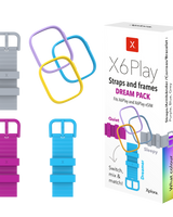 Xplora X6Play Dream tilbehørspakke – tre farverige remme i mørkelilla, blå og grå og tre matchende stel i lyselilla, gul og blå. Skab din unikke stil og skift hurtigt uden værktøj.