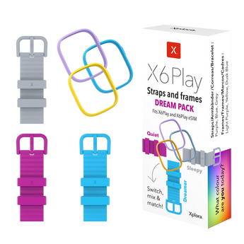 Xplora X6Play Dream tilbehørspakke – tre farverige remme i mørkelilla, blå og grå og tre matchende stel i lyselilla, gul og blå. Skab din unikke stil og skift hurtigt uden værktøj.