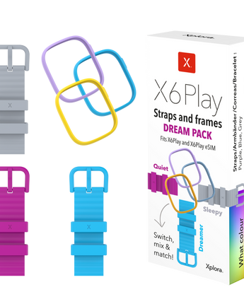 Xplora X6Play Dream tilbehørspakke – tre farverige remme i mørkelilla, blå og grå og tre matchende stel i lyselilla, gul og blå. Skab din unikke stil og skift hurtigt uden værktøj.