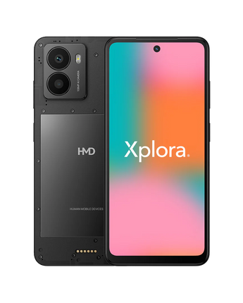 Xplora Fusion X1 med blåt bagsidecover – elegant mønster og dobbelt kamera.