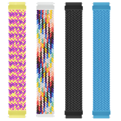 Fire udskiftelige flettede urremme i farverne pink/gul/lilla, regnbue, sort og lyseblå.