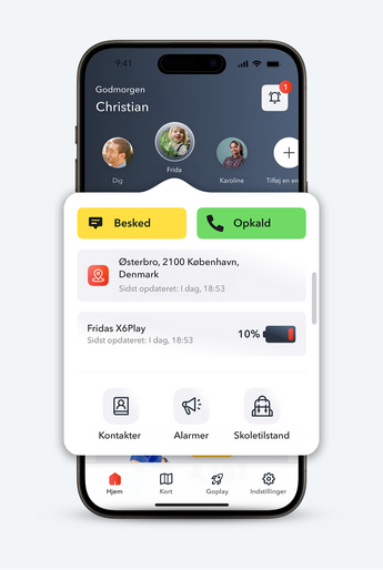 Guardian App startside viser kontakter forbundet til forældrene og Fridas smartwatch batteri niveau. Ring eller skriv til fridas børneur.