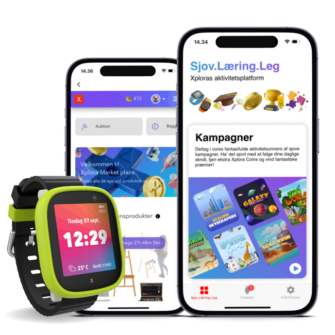 Xplora Smartwatch til børn med aktivitetsplatform på mobilen. Sjov læring for børn med skridtæller, ringefunktion og beskeder.
