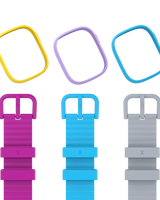 3 farverige stel og armbånd i lilla, blå og gul fra Xplora Dream tilbehørspakken - giv din Xplora X6Play en personlig og legende stil.