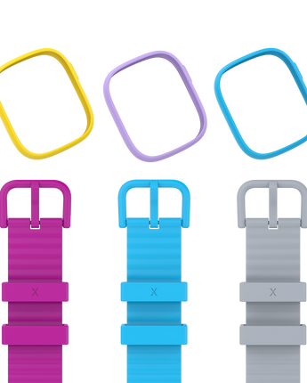 3 farverige stel og armbånd i lilla, blå og gul fra Xplora Dream tilbehørspakken - giv din Xplora X6Play en personlig og legende stil.