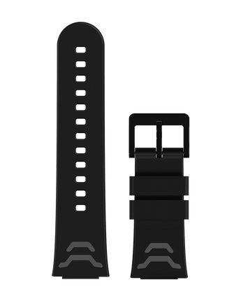 Stilfuldt sort silikonearmbånd med bløde lyserøde detaljer, kompatibel med Xplora X5 Play smartwatch.