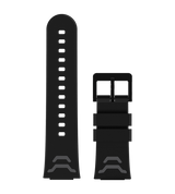 Stilfuldt sort silikonearmbånd med bløde lyserøde detaljer, kompatibel med Xplora X5 Play smartwatch.