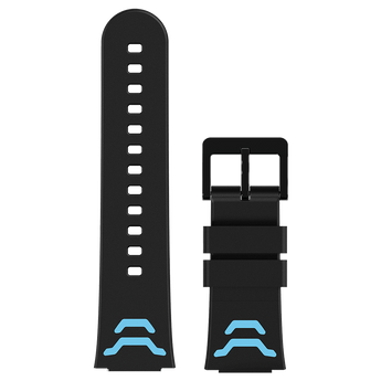 Xplora X5 Play armbånd med blå detaljer – Sort silikone armbånd med lyseblå detaljer og justerbar pasform, designet til Xplora X5 Play smartwatch.