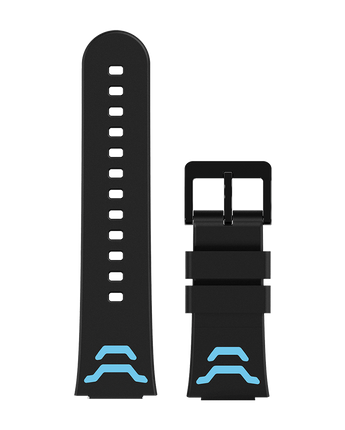 Xplora X5 Play armbånd med blå detaljer – Sort silikone armbånd med lyseblå detaljer og justerbar pasform, designet til Xplora X5 Play smartwatch.