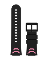 Xplora X5 Play armbånd med lyserøde detaljer - Stilfuldt sort silikone armbånd med bløde lyserøde detaljer, kompatibelt med Xplora X5 Play smartwatch.