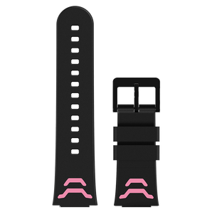 Xplora X5 Play armbånd med lyserøde detaljer - Stilfuldt sort silikone armbånd med bløde lyserøde detaljer, kompatibelt med Xplora X5 Play smartwatch.