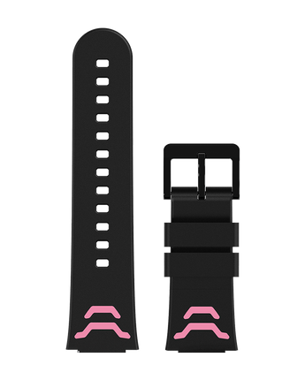 Xplora X5 Play armbånd med lyserøde detaljer - Stilfuldt sort silikone armbånd med bløde lyserøde detaljer, kompatibelt med Xplora X5 Play smartwatch.