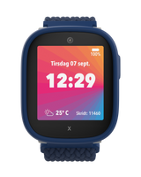 Blåt Xplora X6Play børneur med farverig skærm. Viser dato, tid (12:29), temperatur (25 °C) og antal skridt (11.460).