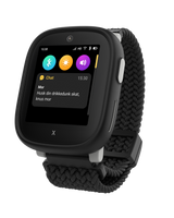 Det sorte Xplora X6Play børneur viser fra siden en chatbesked fra "Mor" med teksten: "Husk din vandflaske, skat, kram mor." Ikoner for Bluetooth, lysstyrke og lyd er synlige ovenfor.