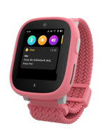 Det lyserøde Xplora X6Play børneur set fra siden viser en besked fra mor med en betænksom påmindelse. Enkle indstillingsikoner vises over chatbeskeden.