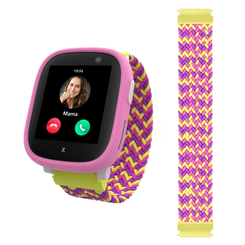 Lyserød X6Play Smartwatch med flettet urrem i pink, gul og lilla.