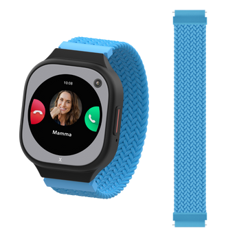 Xplora X6pro Smartwatch med sort urkasse og flettet lyseblå rem.