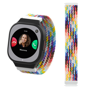 Xplora X6pro Smartwatch med blå urkasse og flettet regnbuefarvet rem