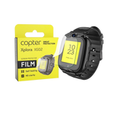 Billede af Copter-skærmbeskytteren til Xplora XGO2 smartwatch. Emballagen er gul med sort tekst og viser et billede af et XGO2-ur med skærmbeskytteren på. Skærmbeskytteren er gennemsigtig og designet til at beskytte skærmen mod ridser og skader. Teksten på emballagen fremhæver funktioner som "Selvreparerende" og "HD-klarhed".