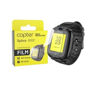 Billede af Copter-skærmbeskytteren til Xplora XGO2 smartwatch. Emballagen er gul med sort tekst og viser et billede af et XGO2-ur med skærmbeskytteren på. Skærmbeskytteren er gennemsigtig og designet til at beskytte skærmen mod ridser og skader. Teksten på emballagen fremhæver funktioner som "Selvreparerende" og "HD-klarhed".