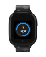 Et sort XGO3 Gps smartwatch til børn med panter motiv og 10000 skridt for dagen.