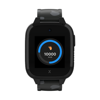 Et sort XGO3 Gps smartwatch til børn med panter motiv og 10000 skridt for dagen.
