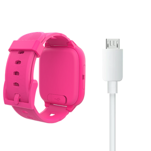 Xplora XGO3 børneuret i pink set fra siden. Det viser tydeligt SIM-kortstikket og det robuste design, der er tilpasset børns daglige brug.
