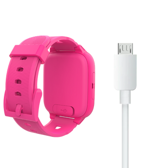 Xplora XGO3 børneuret i pink set fra siden. Det viser tydeligt SIM-kortstikket og det robuste design, der er tilpasset børns daglige brug.
