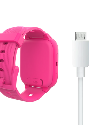 Xplora XGO3 børneuret i pink set fra siden. Det viser tydeligt SIM-kortstikket og det robuste design, der er tilpasset børns daglige brug.