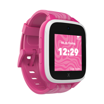 XGO3 smartwatch i lyserød til børn med skridttæller, dato, dag og klokke dispaly samt urets batteri niveau.