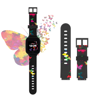 Sort urrem med farverige sommerfugle, legende og livligt design til xgo3 smartwatches.