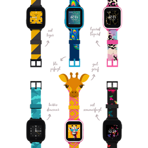 Farverige urremme med jungledyrtemaer – tiger, påfugl, leopard, dinosaur, giraf og sommerfugl. Perfekt til børns smartwatches.